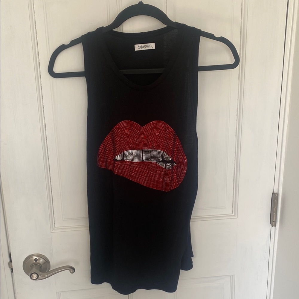Lauren Moshi Black Tank Top with Red Lips Design